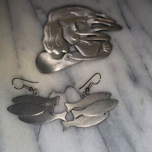 Vintage JJ Brushed Silver-tone Fish Earrings &  Woman with Coffee Brooch